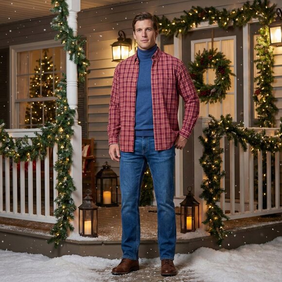 Red Plaid Button-Down Shirt Unisex Oversized Cotton Blend - Picture 2 of 13